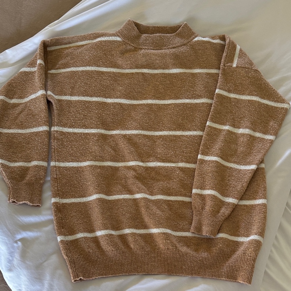 a new day Women's Tan and White Striped Crewneck Sweater